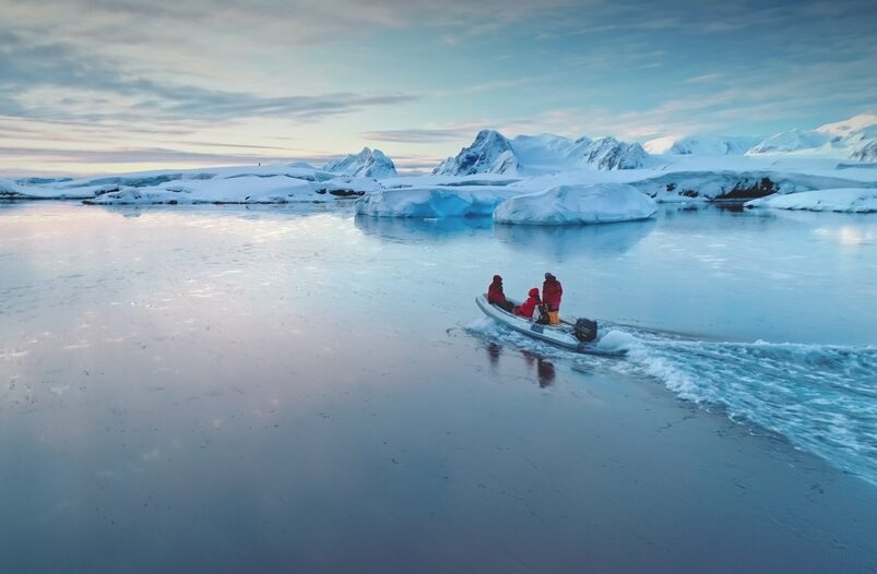 Tourists,People,Sail,On,Boat,In,Antarctica.,Zodiac,Boat,Gently