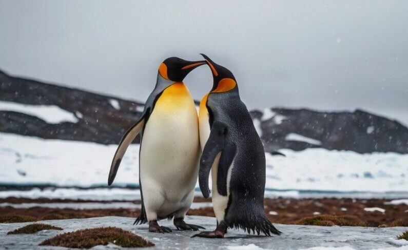 King,Penguin,Mating,Couple,Cuddling,In,Wild,Nature,,Snow,And