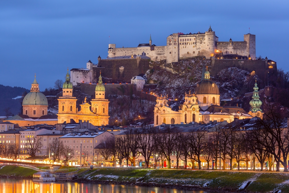 Sunset,View,Of,Salzburg,With,Hohensalzburg,Fortress,And,Salzburg,Cathedral,